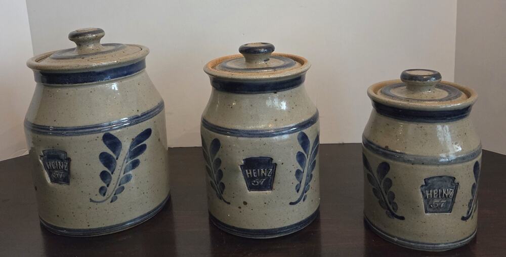 Vtg Westerwald Pottery Heinz 57 Stoneware Canister Set 3 Crocks Lids Signed 1994